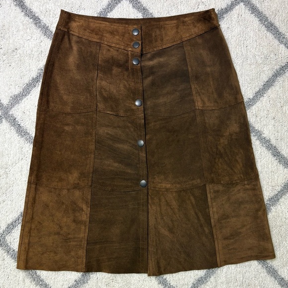 The Gap Women’s 1 Vintage Suede Leather Patchwork Snap Button Midi Skirt Brown - Picture 1 of 10